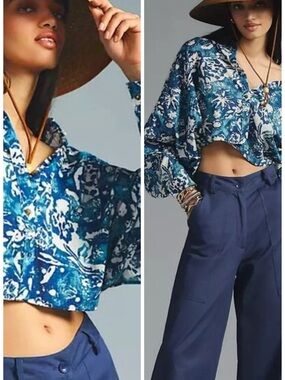 Anthropologie Pilcro Batwing Oversized Ruffle Blouse In Blue Multi XS EUC